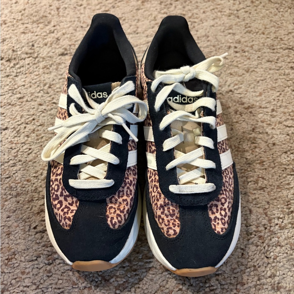 Adidas Run 70s 2.0 x FARM Rio sneakers featuring a brown leopard print upper.